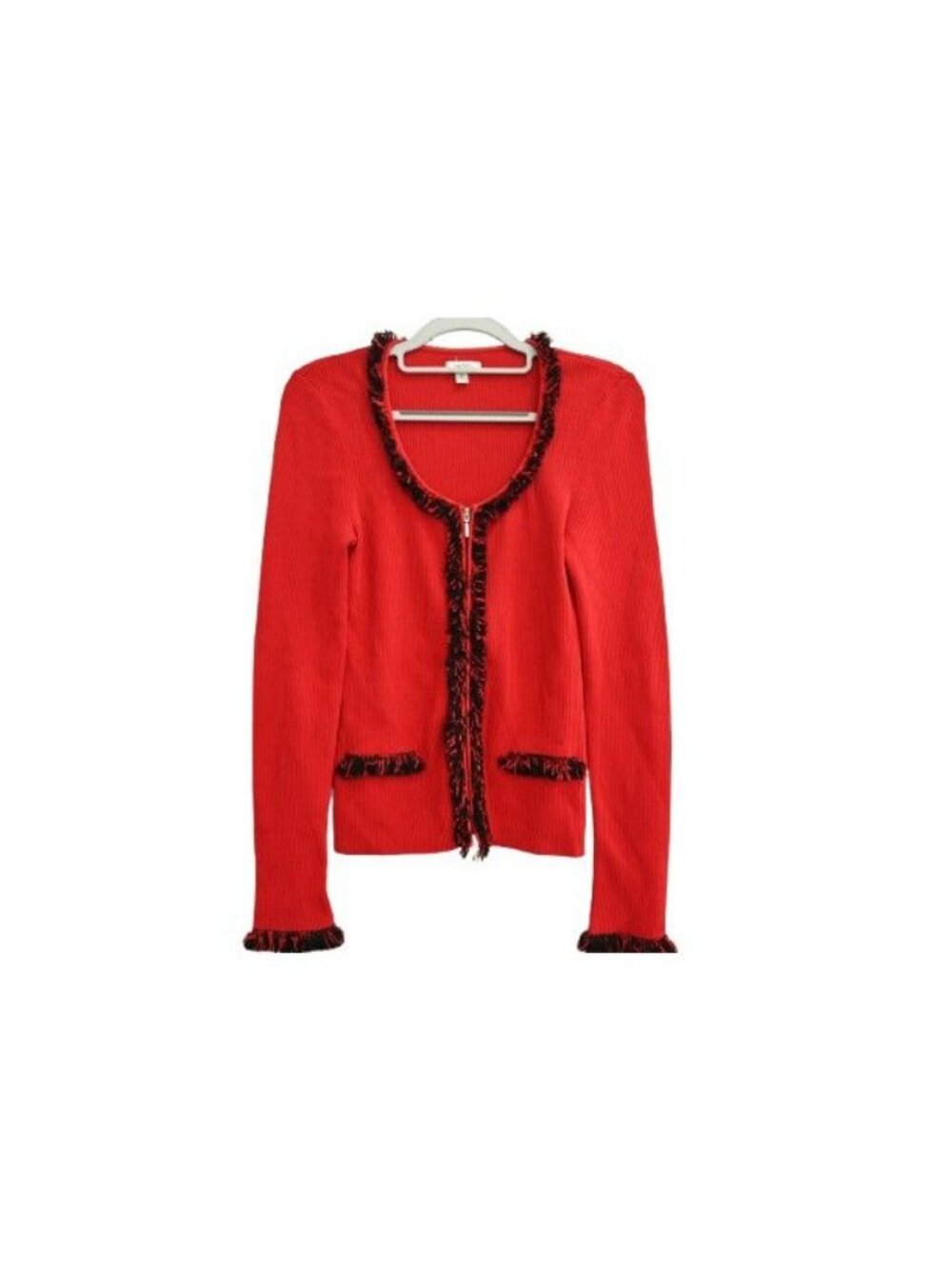 Cache Women’s Red Ribbed Fringe Trim Zip Front Cardigan Sweater Red Size M
